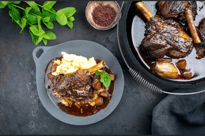 Tender and aromatic – braised lamb shanks in a cast iron pot!